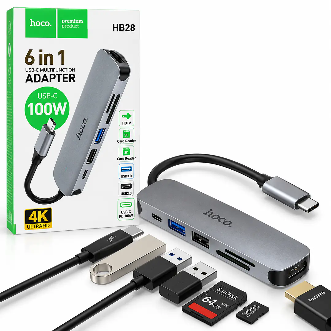 Hub USB-C Hoco HB28 6 en 1 – HDMI 4K, USB 3.0, SD, Micro SD y Carga PD 100W 3