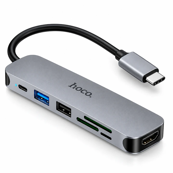 Hub USB-C Hoco HB28 6 en 1 – HDMI 4K, USB 3.0, SD, Micro SD y Carga PD 100W 1