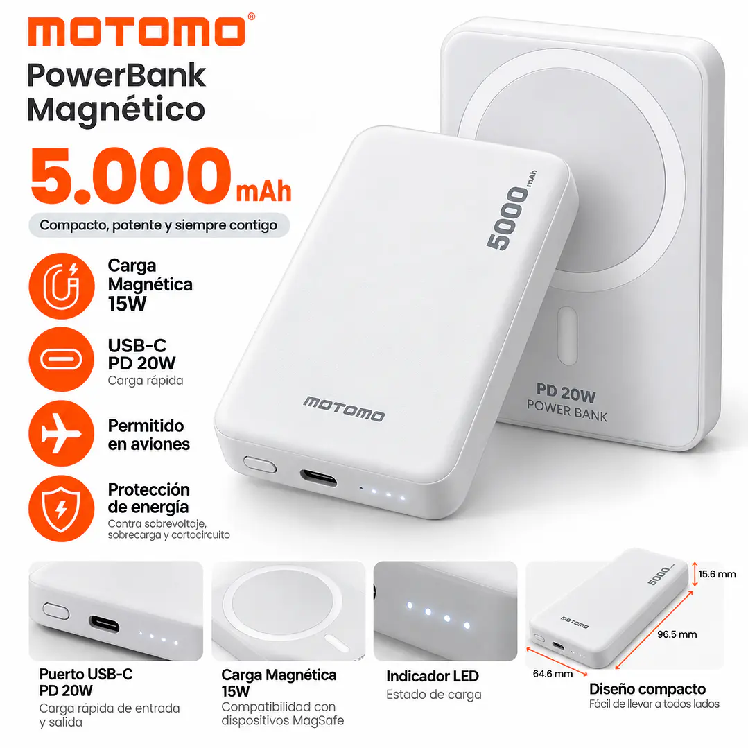 Power Bank Magsafe Motomo 5000mAh – Carga Inalámbrica 15W y USB-C PD 20W 3