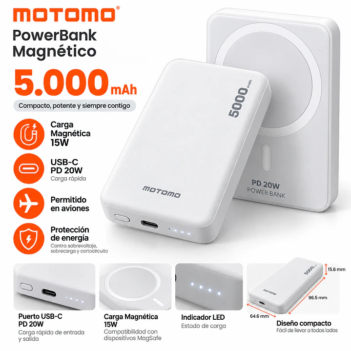 Power Bank Magsafe Motomo 5000mAh – Carga Inalámbrica 15W y USB-C PD 20W 3