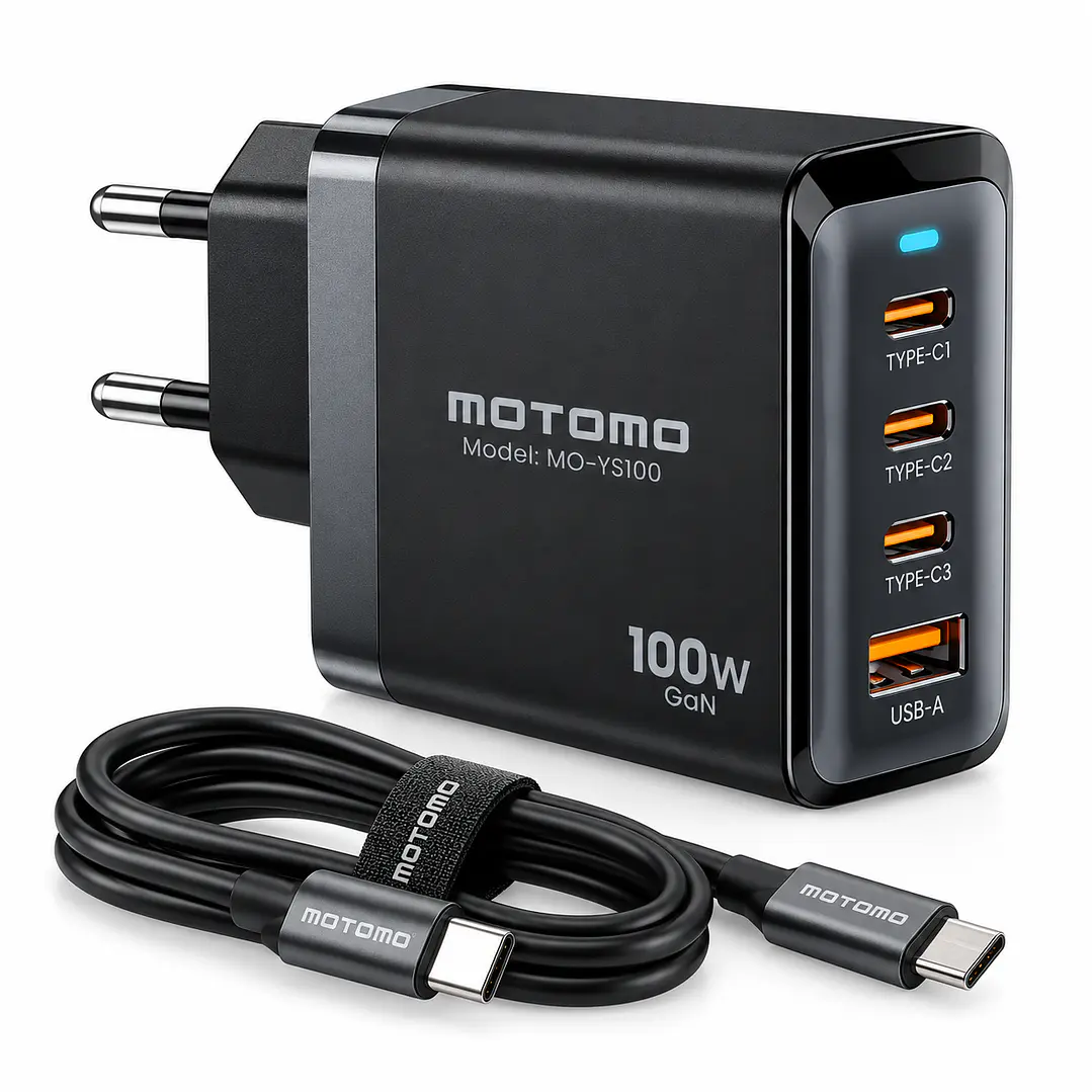 Cargador Super Fast 100W 3 USB-C + USB-A PD con Cable C para Notebook Tablet Celular Motomo 1