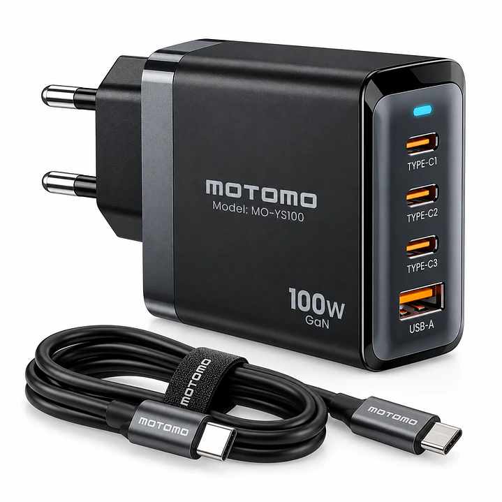 Cargador Super Fast 100W 3 USB-C + USB-A PD con Cable C para Notebook Tablet Celular Motomo 1
