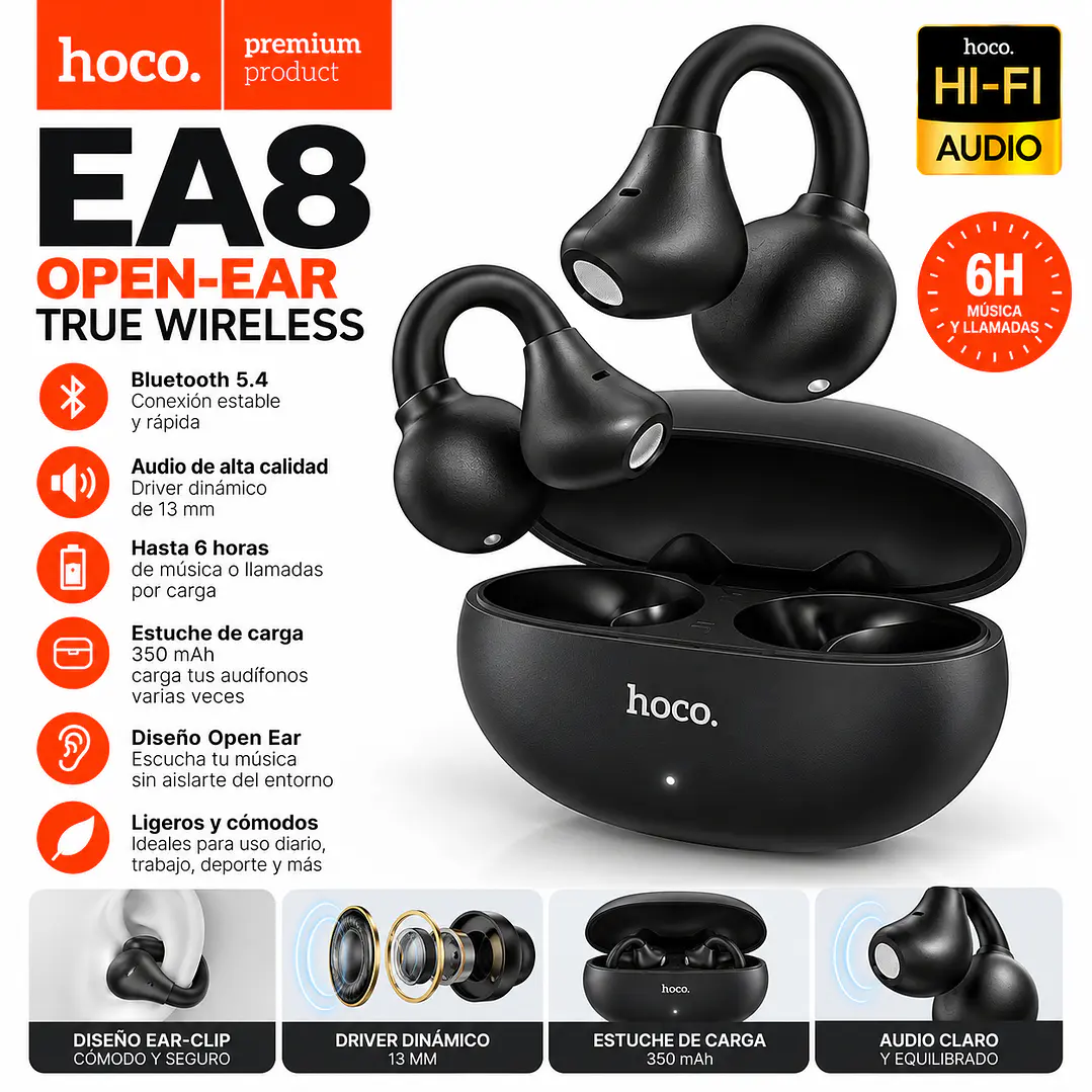 Audifonos Bluetooth Hoco EA8 Open Ear Inalámbricos 6H Negro 2