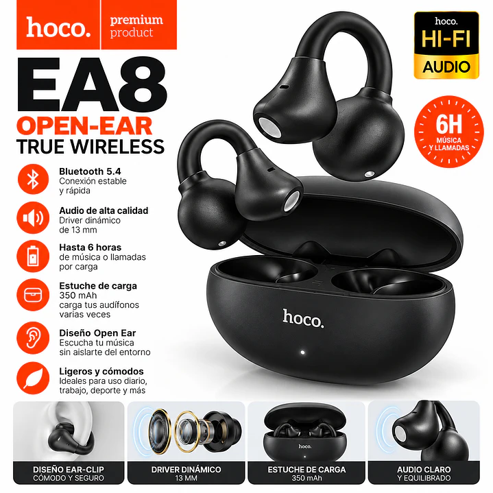 Audifonos Bluetooth Hoco EA8 Open Ear Inalámbricos 6H Negro 2