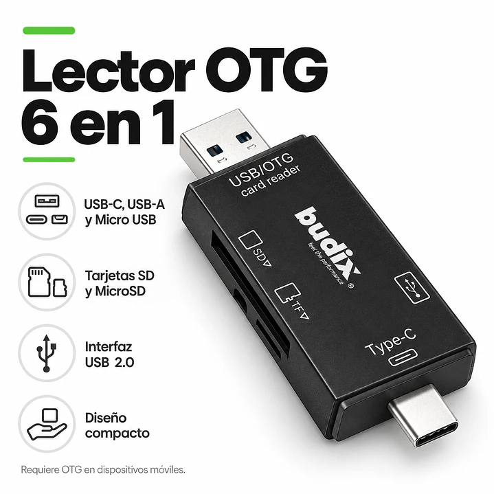 Lector de Tarjetas SD y Micro SD Budix 6 en 1 2