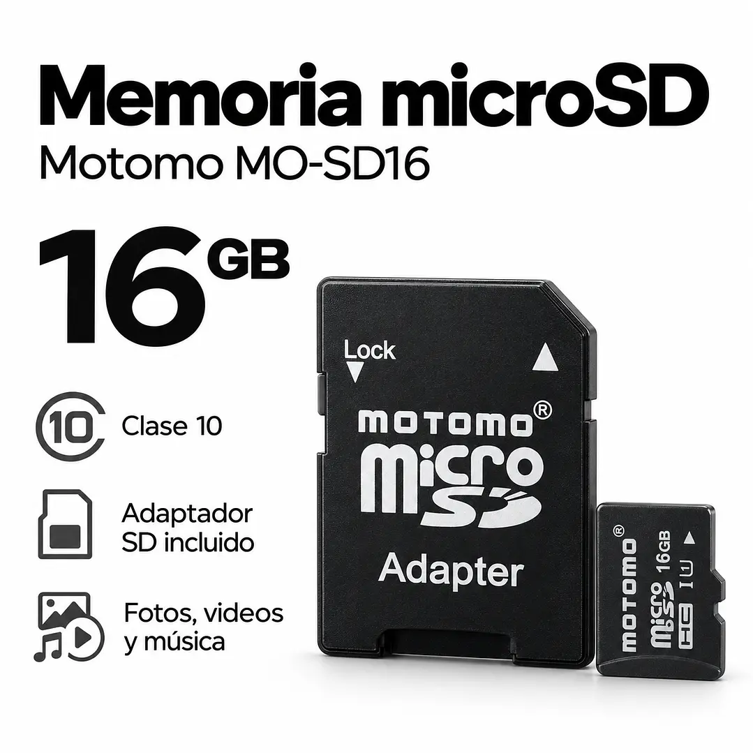 Tarjeta de Memoria MicroSD Motomo 16 GB Clase 10 con Adaptador SD 2