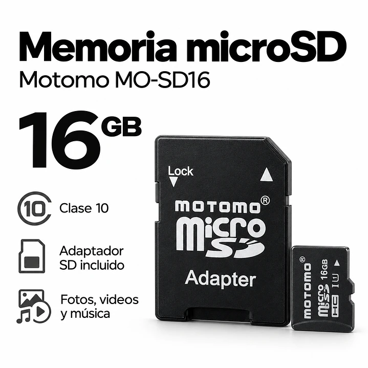 Tarjeta de Memoria MicroSD Motomo 16 GB Clase 10 con Adaptador SD 2