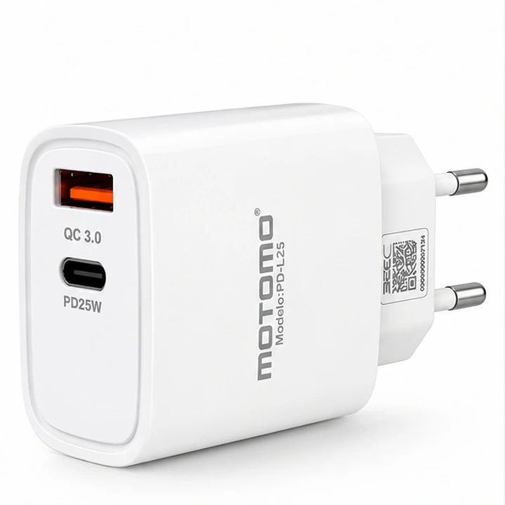 Cargador 25W Carga Rápida USB-C PD + USB QC 3.0 Sin Cable Blanco Motomo PDL25  1