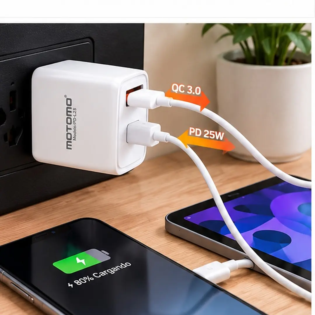 Cargador 25W Carga Rápida USB-C PD + USB QC 3.0 Sin Cable Blanco Motomo PDL25  2