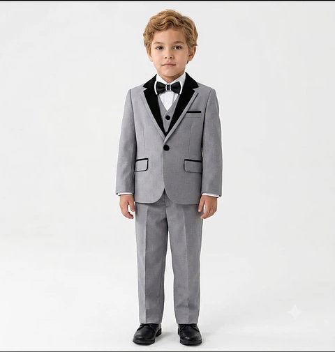 Terno Formal de Niño Gris Premium con Solapa Texturizada (Tallas 4 a 12)