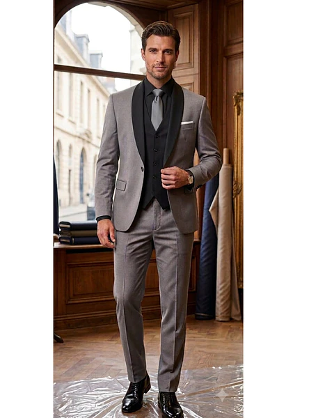 Traje Completo 3 Piezas Gris con Solapa Smoking Negra