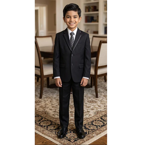 Traje Completo de 5 Piezas Negro con Solapa Satinada para Niño (Gala y Ceremonia)