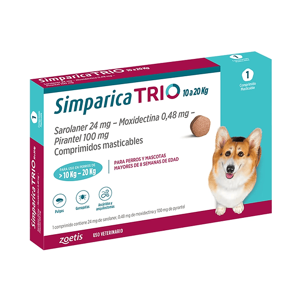  Simparica Trio 10 a 20 Kg 3 Comprimidos Masticables