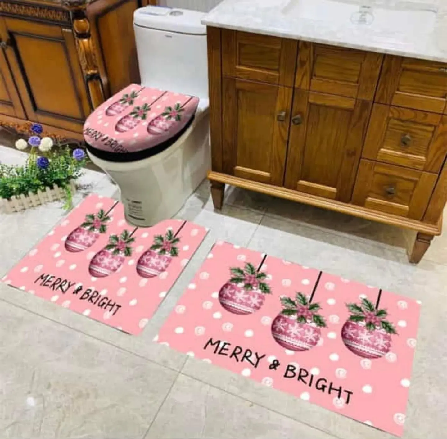 SET DE BAÑO NAVIDAD ROSADO 3PCS 7