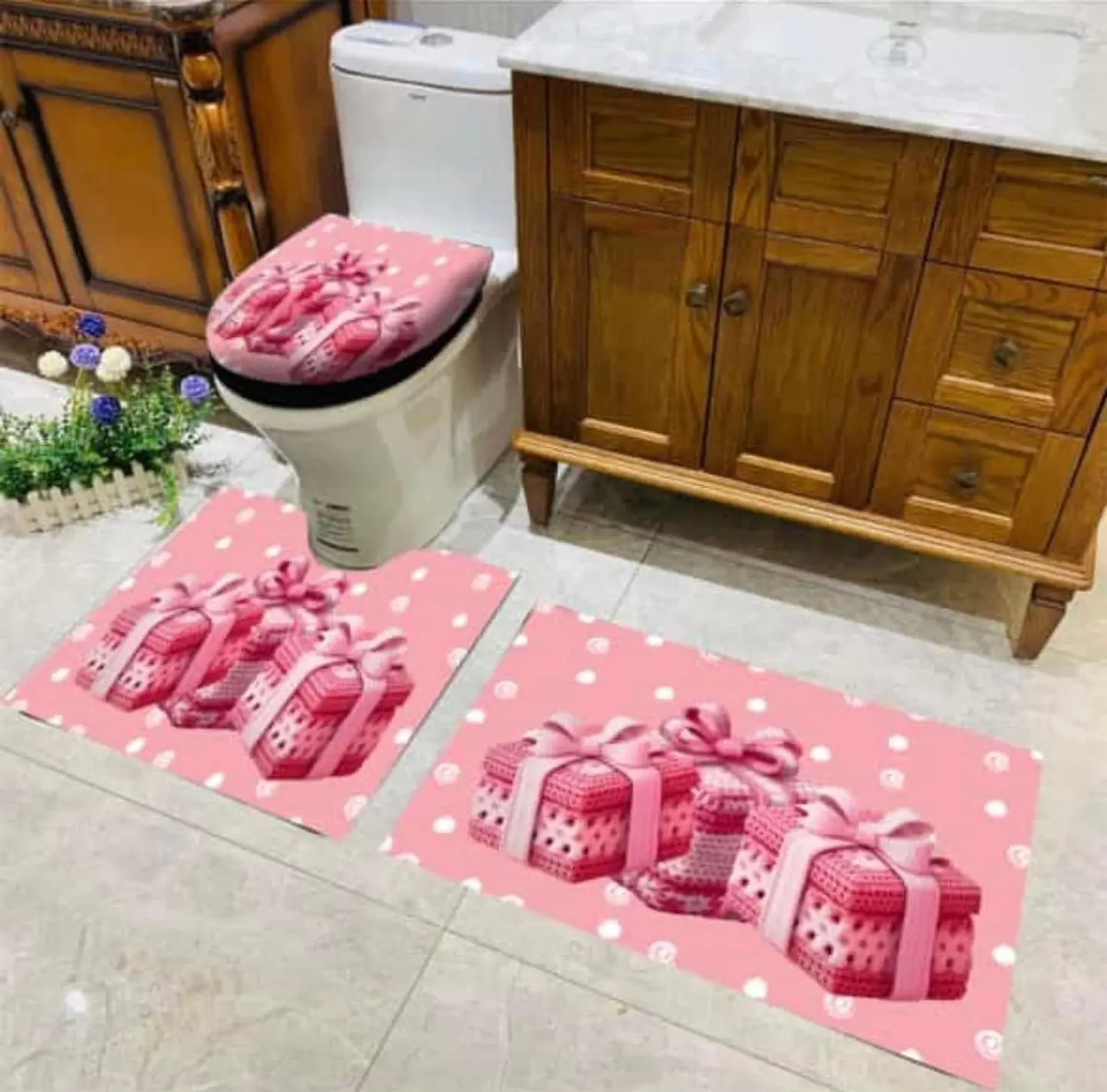 SET DE BAÑO NAVIDAD ROSADO 3PCS 9