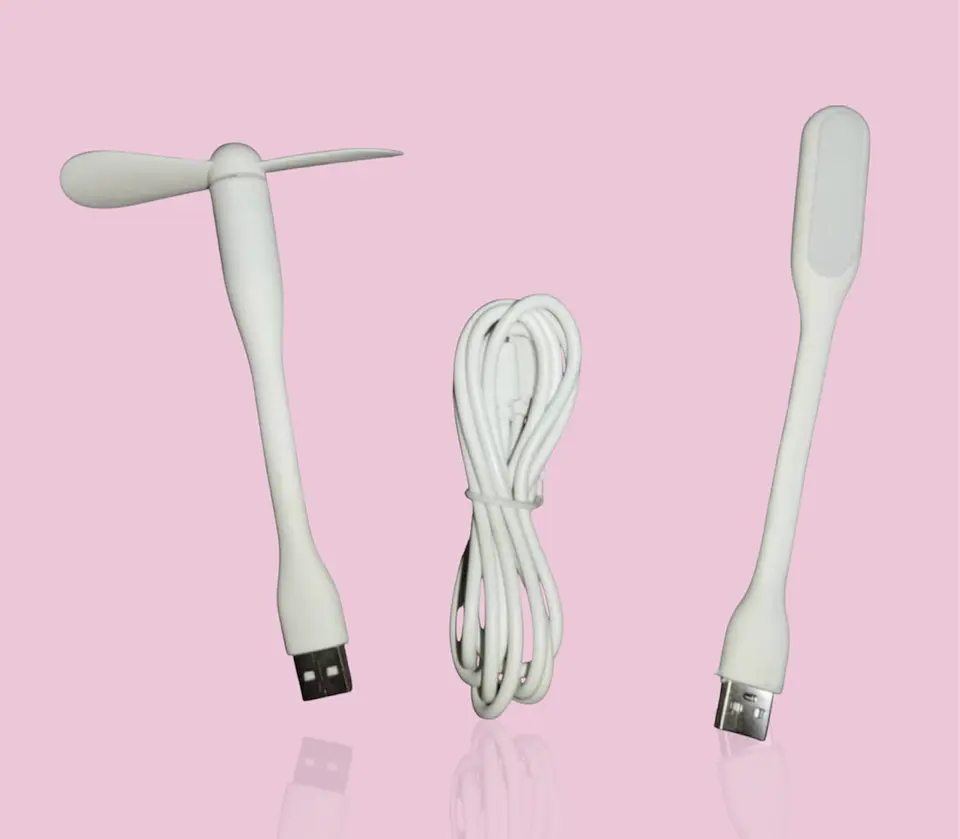 SET MINI VENTILADOR Y MINI LINTERNA USB + CABLE CARGADOR 10