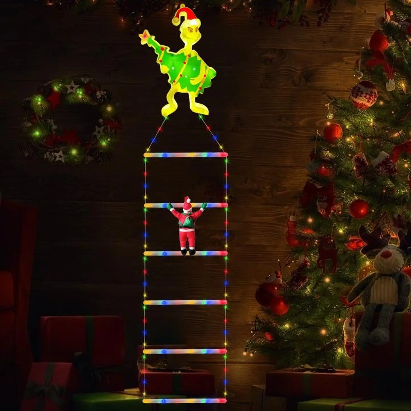 ESCALERA LED VIEJO PASCUERO MULTICOLOR Y CÁLIDO GRINCH 160x25CM 1