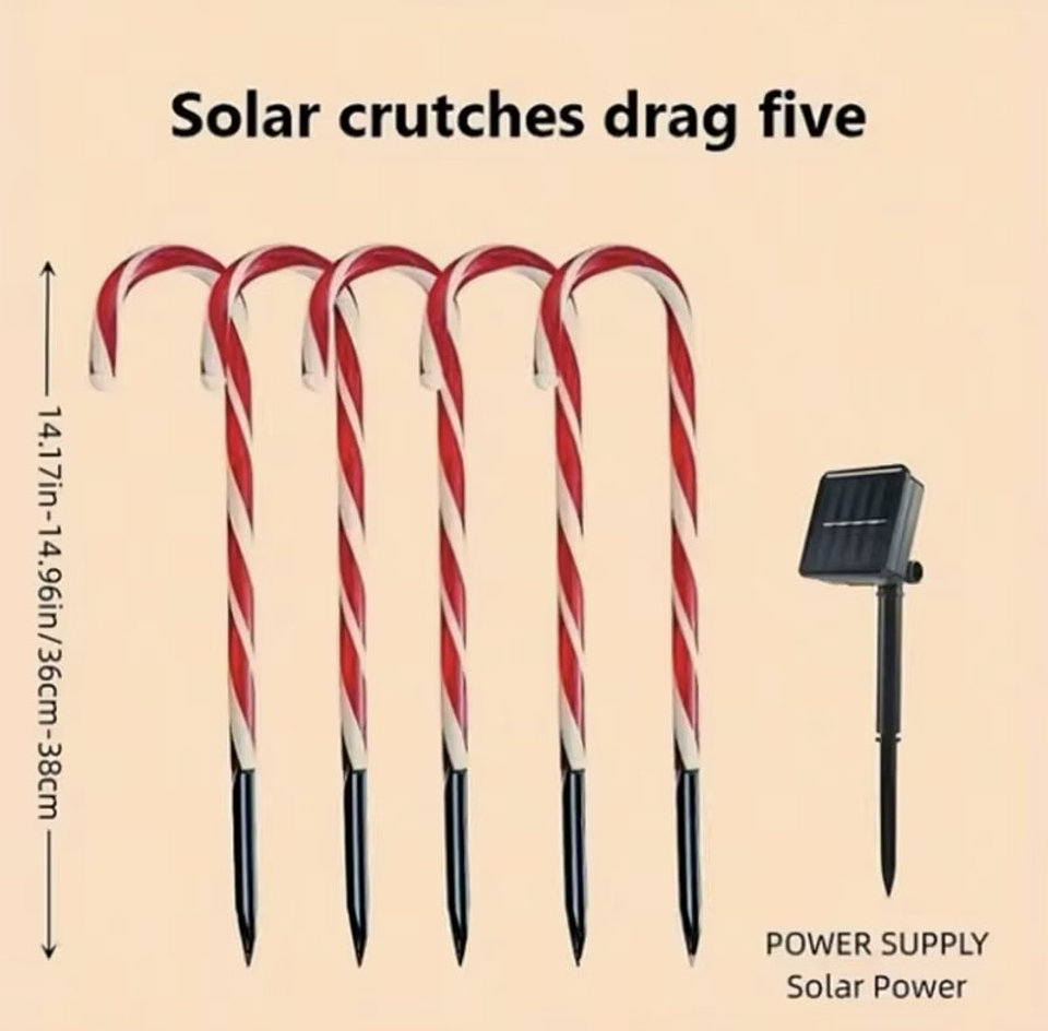 SET ADORNO BASTON CARAMELO SOLAR LED PQT 5 UNDS 64CM 12