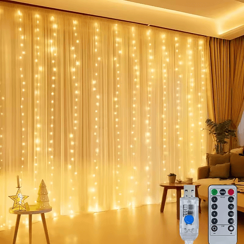CORTINA DE LUCES DE HADA 3x2METROS CÁLIDA CONEXIÓN USB REGULABLE CON CONTROL REMOTO EMPAQUE BOLSA