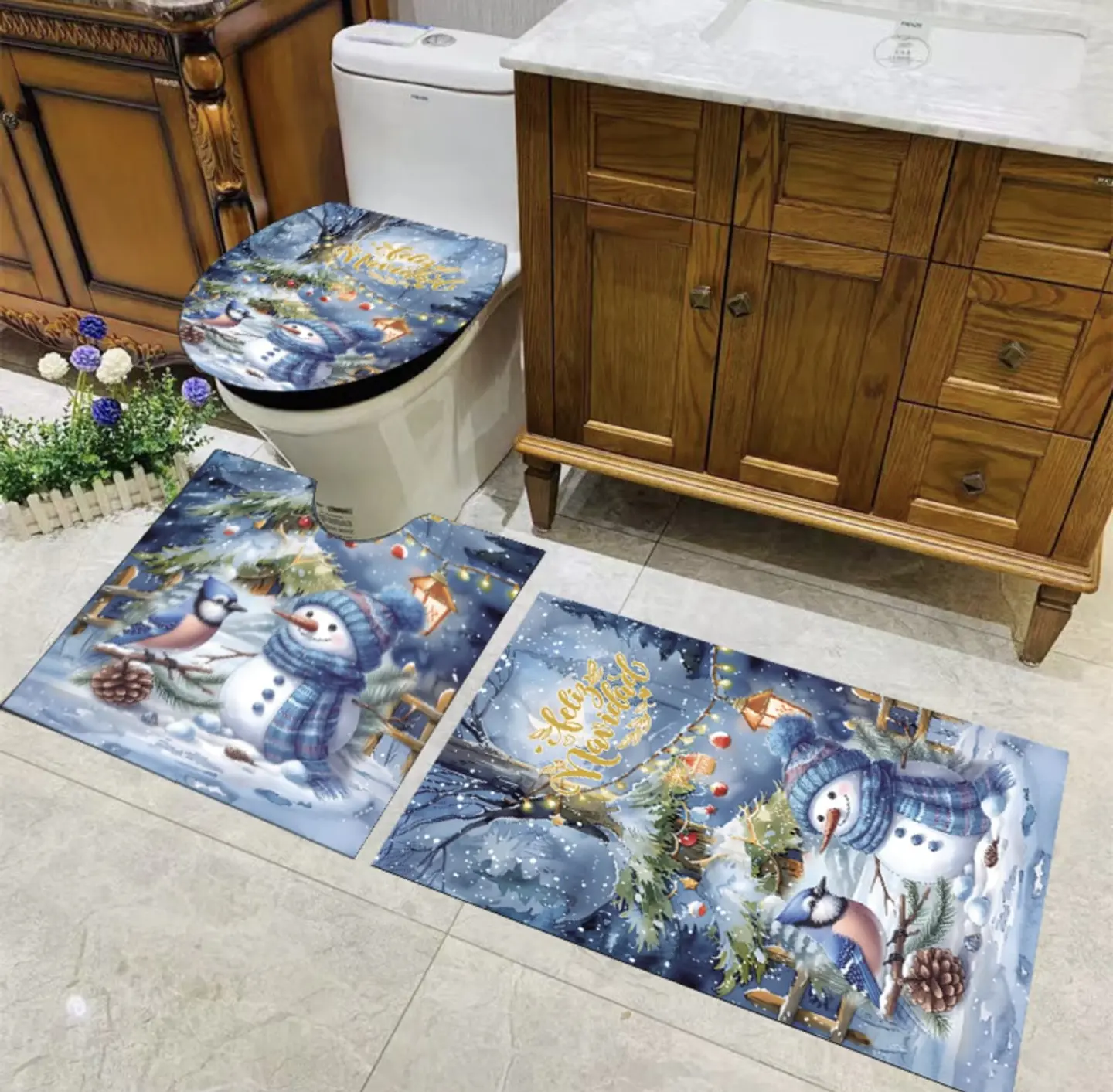 ALFOMBRA SET DE BAÑO DE 3 PIEZAS NAVIDAD CELESTE 2025 4