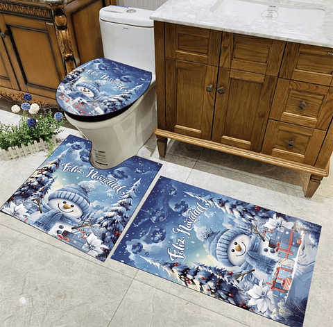 ALFOMBRA SET DE BAÑO DE 3 PIEZAS NAVIDAD CELESTE 2025