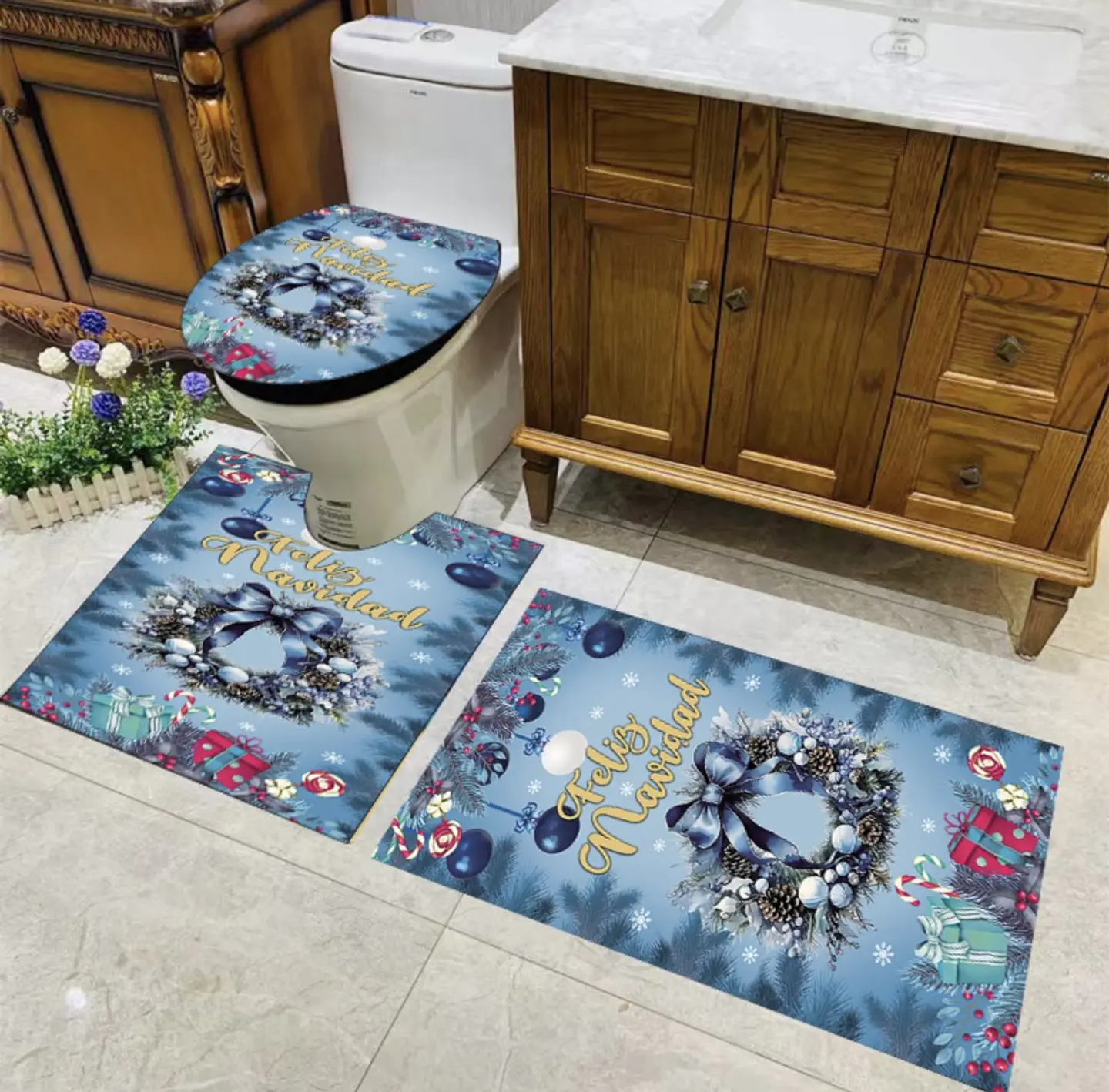 ALFOMBRA SET DE BAÑO DE 3 PIEZAS NAVIDAD CELESTE 2025 7