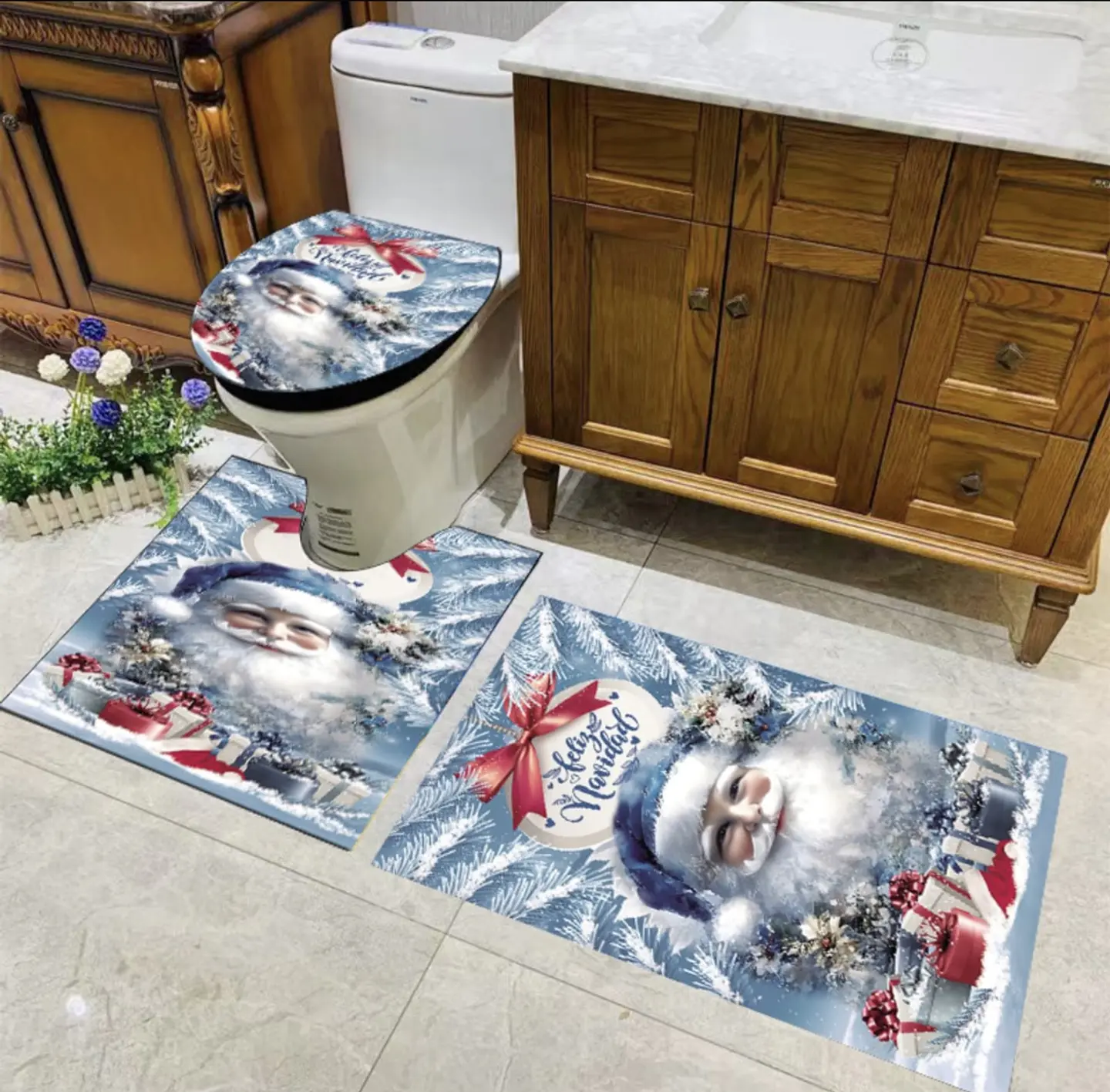ALFOMBRA SET DE BAÑO DE 3 PIEZAS NAVIDAD CELESTE 2025 1