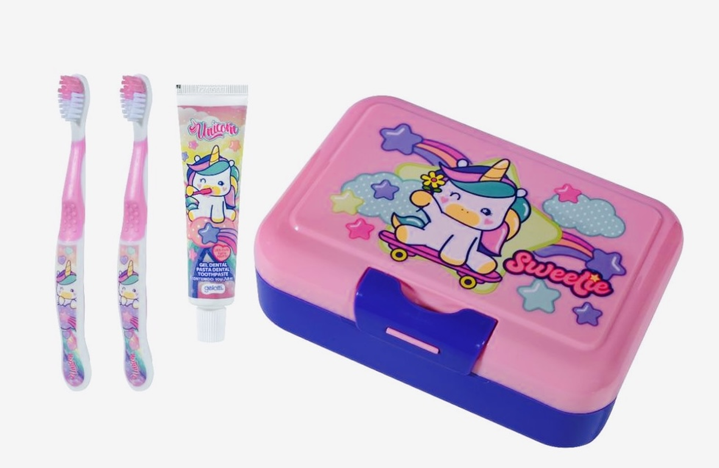 SET PASTA DE DIENTE + CEPILLO + LONCHERA UNICORNIO 1