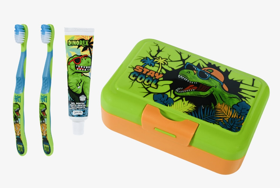SET PASTA DE DIENTE + CEPILLO + LONCHERA DINOSAURIO 1