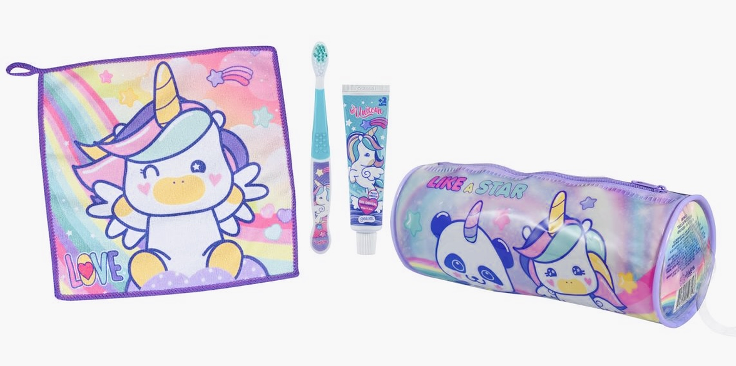 SET PASTA DE DIENTES + CEPILLO + TOALLA CON DISEÑO UNICORNIO 1