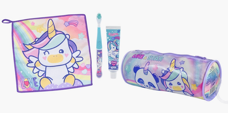 SET PASTA DE DIENTES + CEPILLO + TOALLA CON DISEÑO UNICORNIO 1