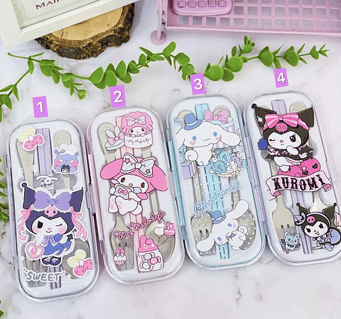 SET DE CUBIERTOS DE ACERO + PALILLOS SANRIO