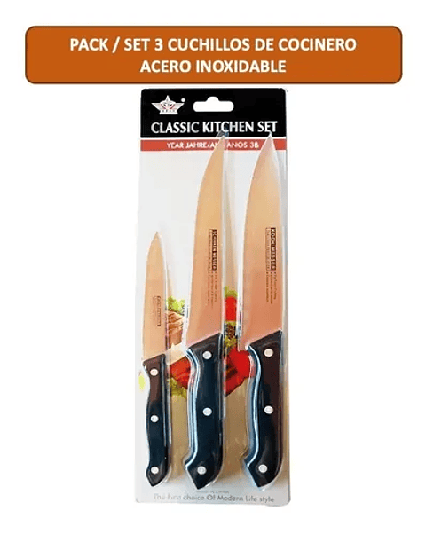 SET DE CUCHILLOS DE ACERO INOXIDABLE PQT 3 PZS