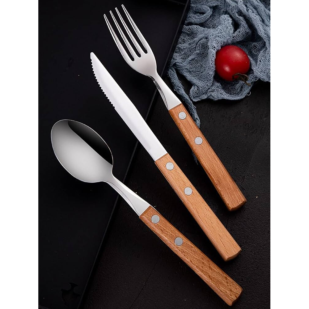 SET DE 3 PIEZAS CUCHARA, TENEDOR Y CUCHILLO DE ACERO INODIDABLE MANGO DE MADERA