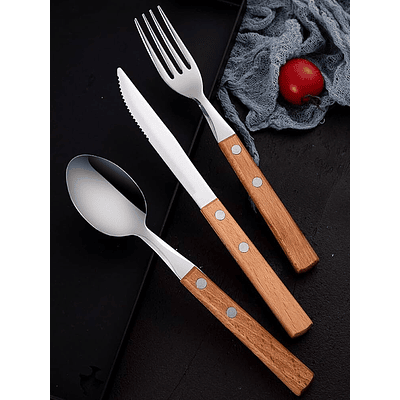 SET DE 3 PIEZAS CUCHARA, TENEDOR Y CUCHILLO DE ACERO INODIDABLE MANGO DE MADERA