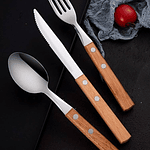 SET DE 3 PIEZAS CUCHARA, TENEDOR Y CUCHILLO DE ACERO INODIDABLE MANGO DE MADERA