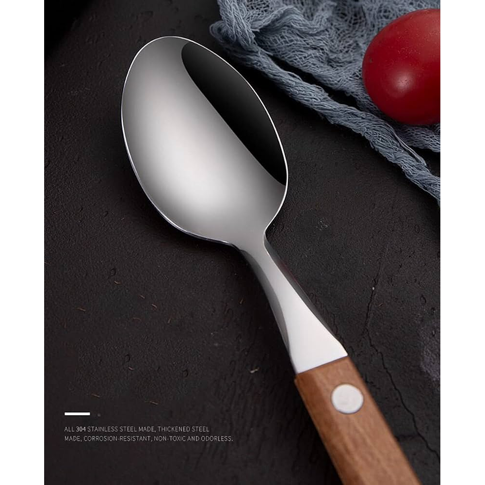 SET DE 3 PIEZAS CUCHARA, TENEDOR Y CUCHILLO DE ACERO INODIDABLE MANGO DE MADERA