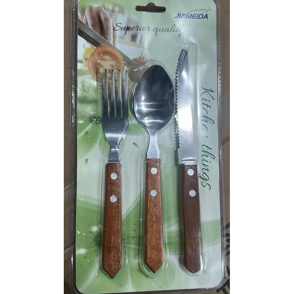 SET DE 3 PIEZAS CUCHARA, TENEDOR Y CUCHILLO DE ACERO INODIDABLE MANGO DE MADERA