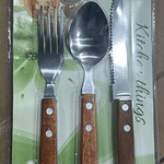 SET DE 3 PIEZAS CUCHARA, TENEDOR Y CUCHILLO DE ACERO INODIDABLE MANGO DE MADERA