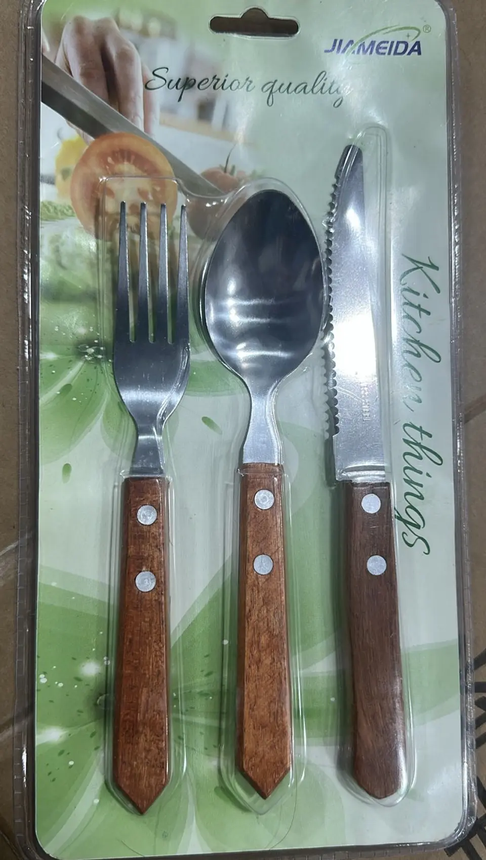 SET DE 3 PIEZAS CUCHARA, TENEDOR Y CUCHILLO DE ACERO INODIDABLE MANGO DE MADERA 9