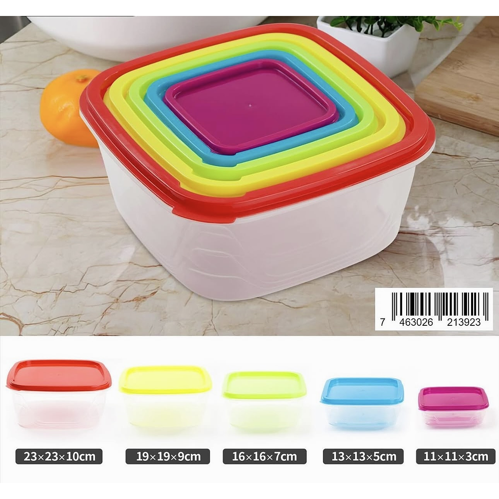 SET DE 5 TUPPERS DE COLORES CUADRADO