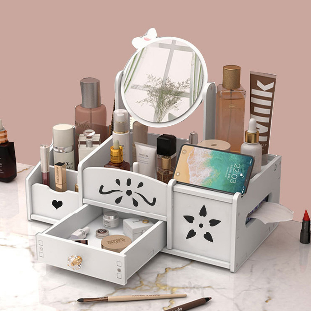 JOYERO ORGANIZADOR ESPEJO REDONDO LAZO CON DISPENSADOR DE PAPEL BLANCO