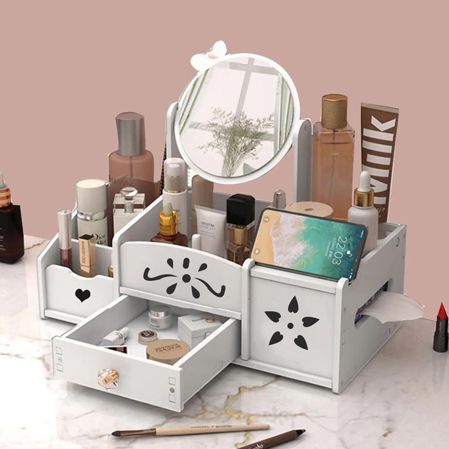 JOYERO ORGANIZADOR ESPEJO REDONDO LAZO CON DISPENSADOR DE PAPEL BLANCO 1