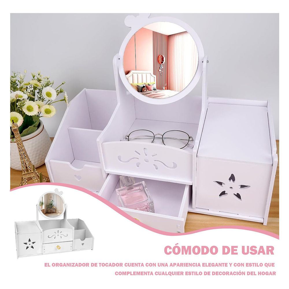 JOYERO ORGANIZADOR ESPEJO REDONDO LAZO CON DISPENSADOR DE PAPEL BLANCO