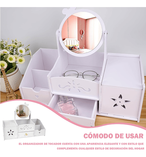 JOYERO ORGANIZADOR ESPEJO REDONDO LAZO CON DISPENSADOR DE PAPEL BLANCO