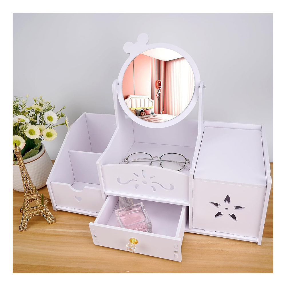 JOYERO ORGANIZADOR ESPEJO REDONDO LAZO CON DISPENSADOR DE PAPEL BLANCO