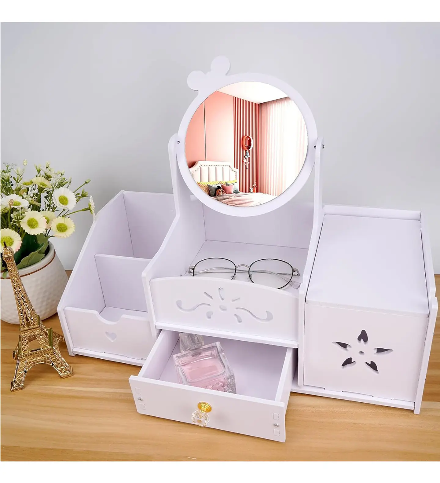 JOYERO ORGANIZADOR ESPEJO REDONDO LAZO CON DISPENSADOR DE PAPEL BLANCO 6