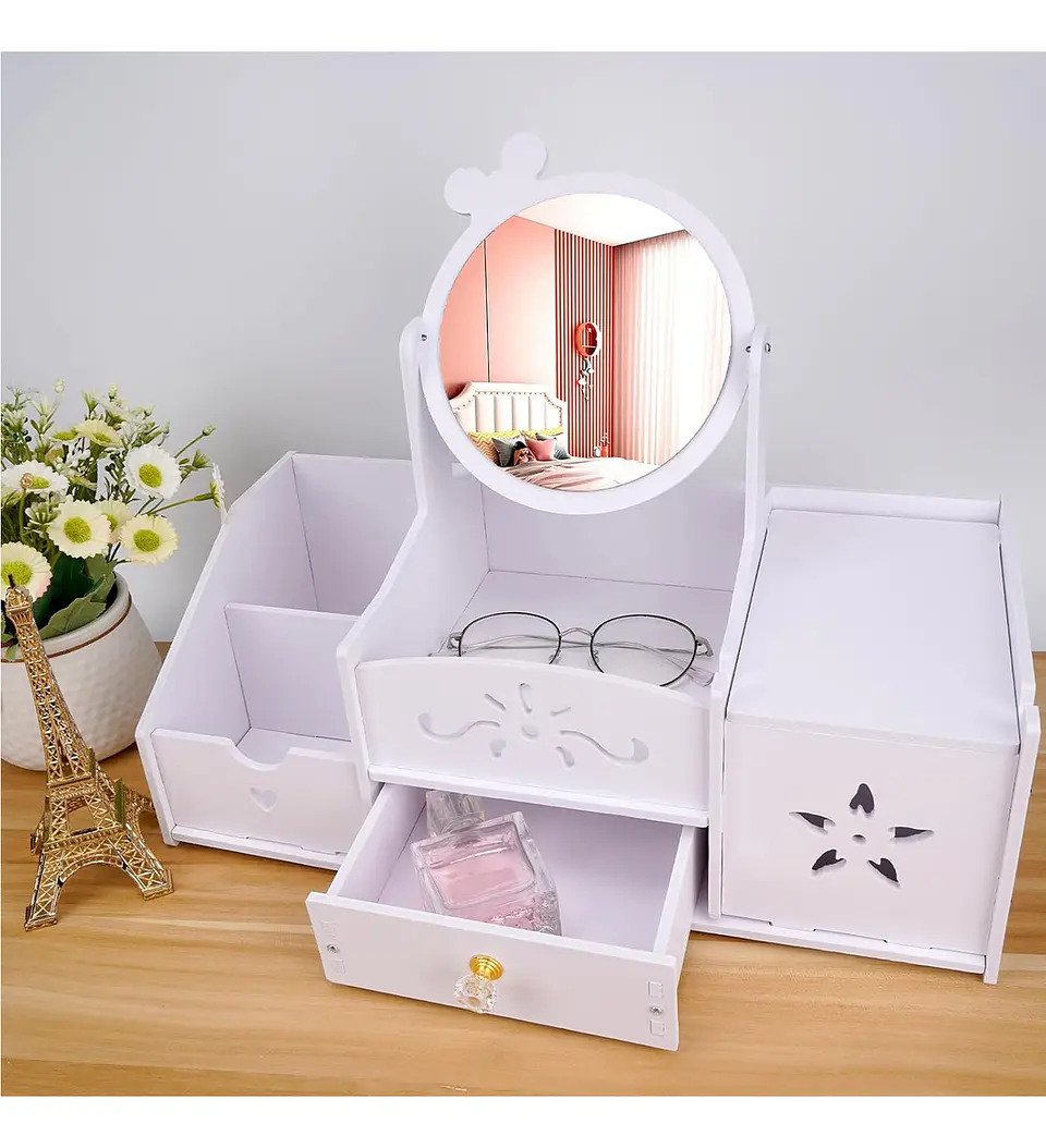 JOYERO ORGANIZADOR ESPEJO REDONDO LAZO CON DISPENSADOR DE PAPEL BLANCO 6