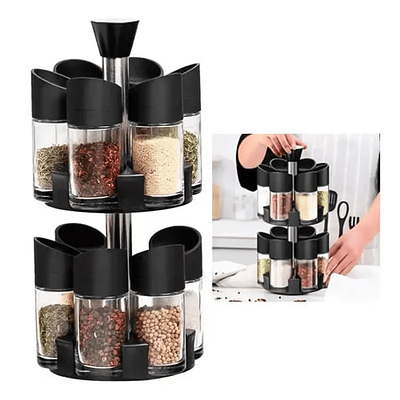 SET DE 12 ESPECIEROS CONDIMENTEROS DE VIDRIO 2 NIVELES CON BASE GIRATORIO 