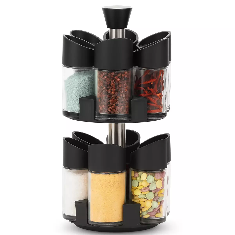 SET DE 12 ESPECIEROS CONDIMENTEROS DE VIDRIO 2 NIVELES CON BASE GIRATORIO 
